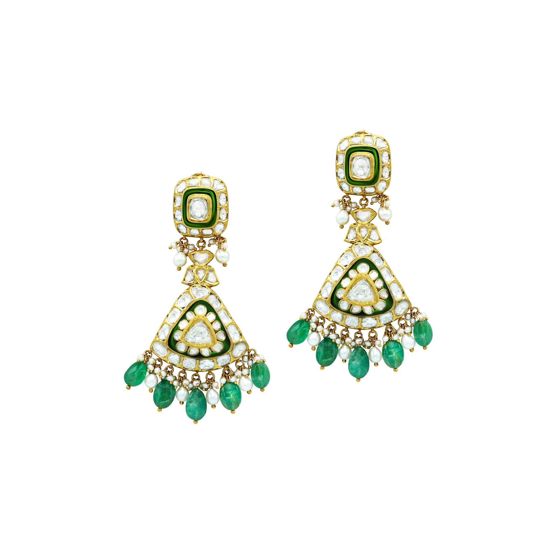 Polki Choker Set with Green Enamel and Emerald Drop Details